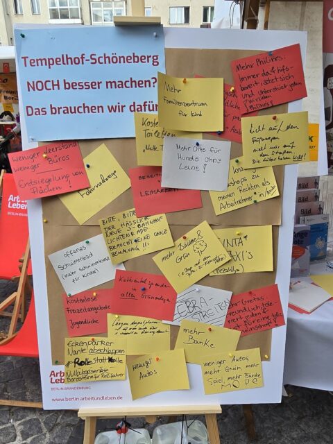 Unsere Pinnwand beim Nachbarschaftsfest, auf der unterschiedliche Themenkarten gesammelt wurden